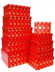 Набор из десяти новогодних прямоугольных подарочных коробок красного цвета, отделка матовой бумагой с тиснением "Снежинки", размер 37*28*17 см.