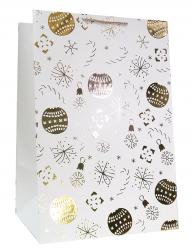 Бумажные новогодние подарочные пакеты ГИГАНТ из плотной матовой белой бумаги с золотым тиснением, серия "С Новым годом!", размер 36*54*30 см.