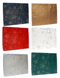 Большие бумажные горизонтальные однотонные подарочные пакеты-сумки люкс с металлизированным тиснением, серия "Фактурные звёзды", размер 50*40*15 см.