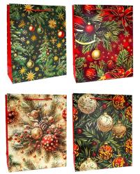 Бумажные новогодние подарочные пакеты из плотной матовой бумаги с золотым тиснением, серия "Праздничное настроение", размер 31*42*12 см.