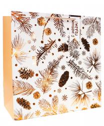 Бумажные новогодние подарочные пакеты из плотной матовой бумаги с бронзовым тиснением, серия "Шишки", размер 37*37*18 см.