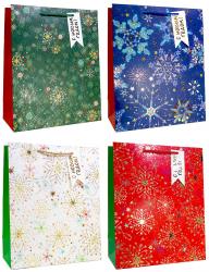 Бумажные новогодние подарочные пакеты из плотной матовой бумаги с золотым тиснением, серия "Яркие снежинки", размер 30*40*12 см.