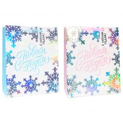 Бумажные новогодние подарочные пакеты из плотной бумаги с голографическим тиснением и перламутровыми блёстками, серия "С Новым годом!", размер 18*23*10 см.