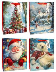 Бумажные новогодние подарочные пакеты из плотной матовой бумаги с красными блёстками, серия "Снежный уют", размер 26*32*12 см.